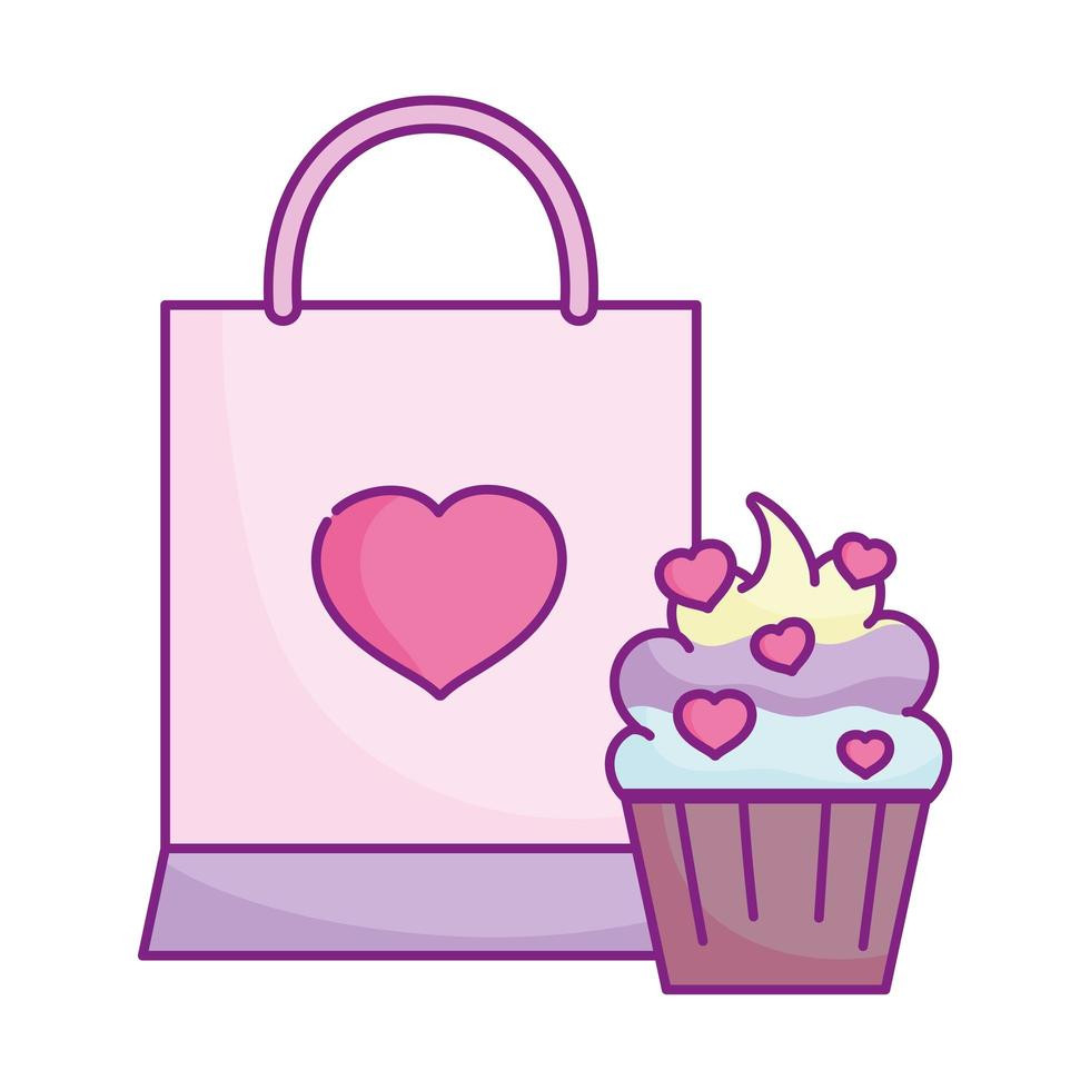 glad alla hjärtans dag, shopping väska cupcake hjärtan älskar romantisk fest vektor