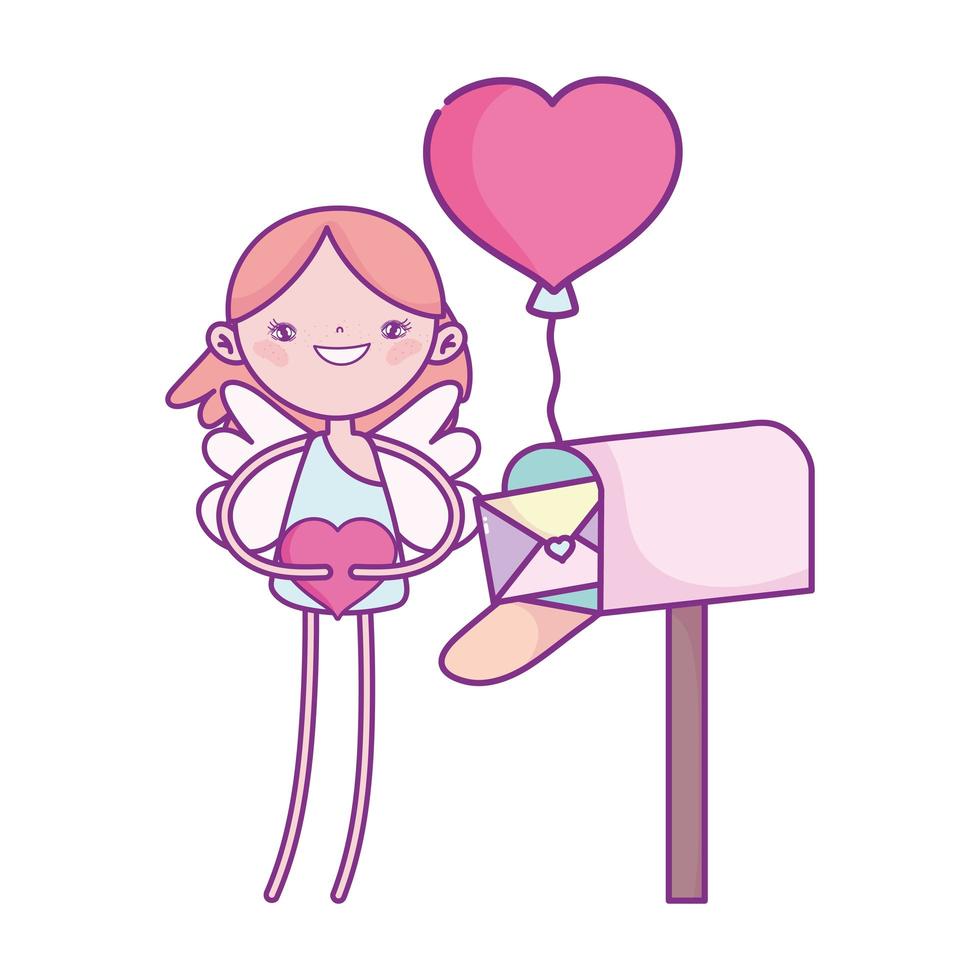 glücklicher Valentinstag, Amor mit Herz Mailbox Karte Ballon Cartoon vektor
