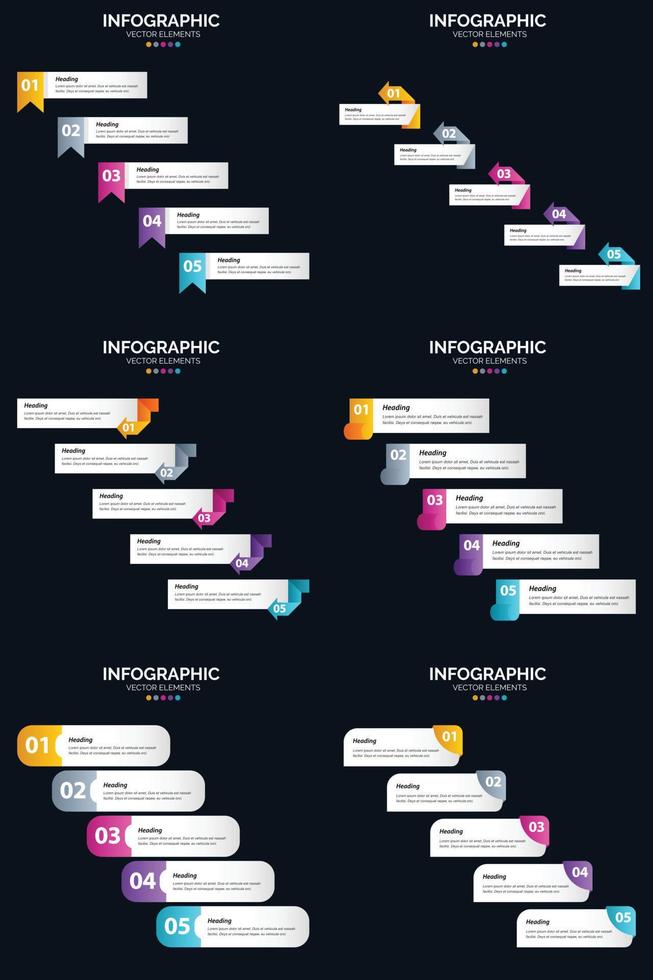 Vektor 6 Infografiken Pack Präsentationsfolie Vorlage 5 Schritte Zyklusdiagramme und Zeitleisten