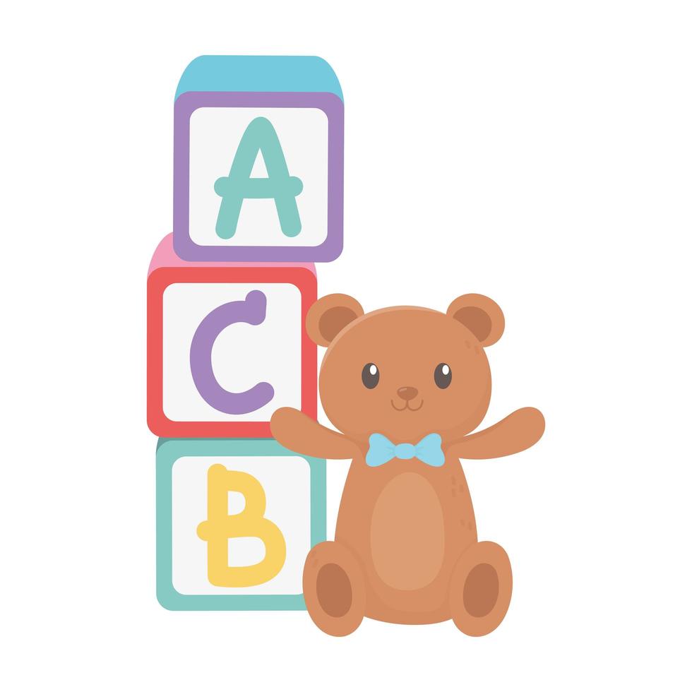 Kinderzone, Alphabet blockiert Teddybär und Cartoon-Spielzeug vektor