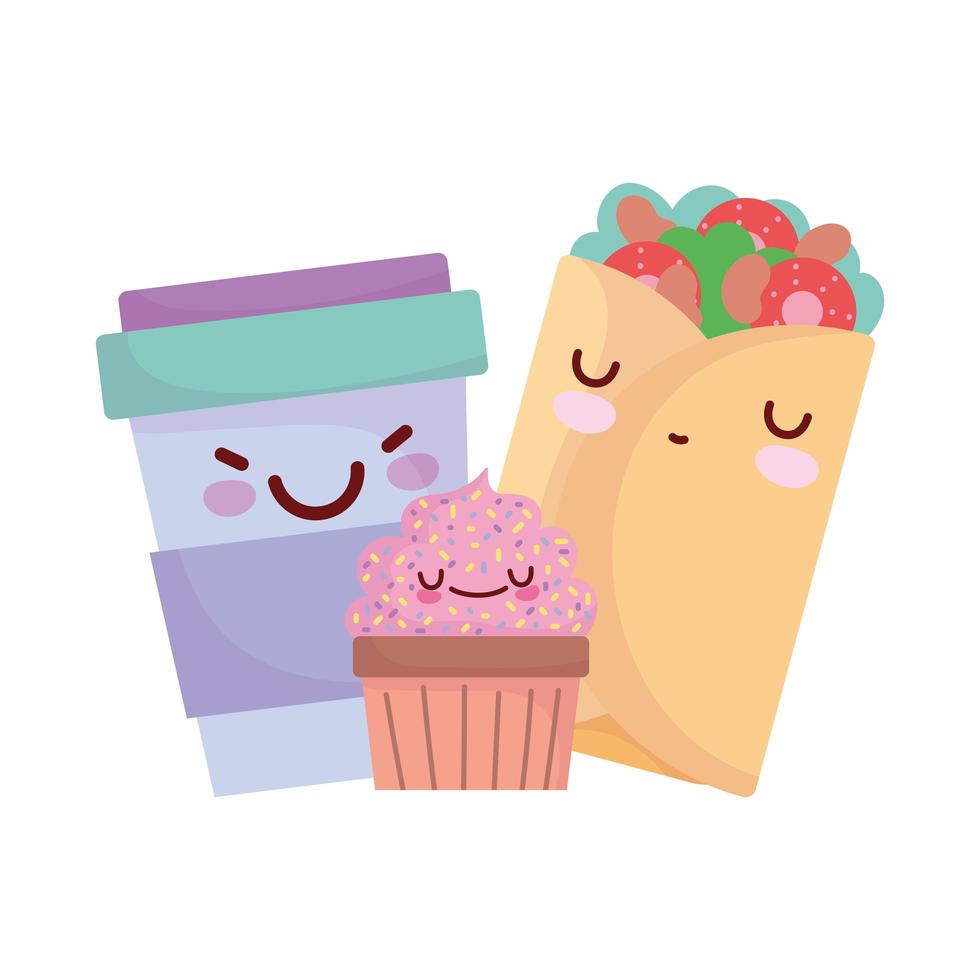 Burrito Cupcake Smoothie Tasse Menü Charakter Cartoon Essen süß vektor