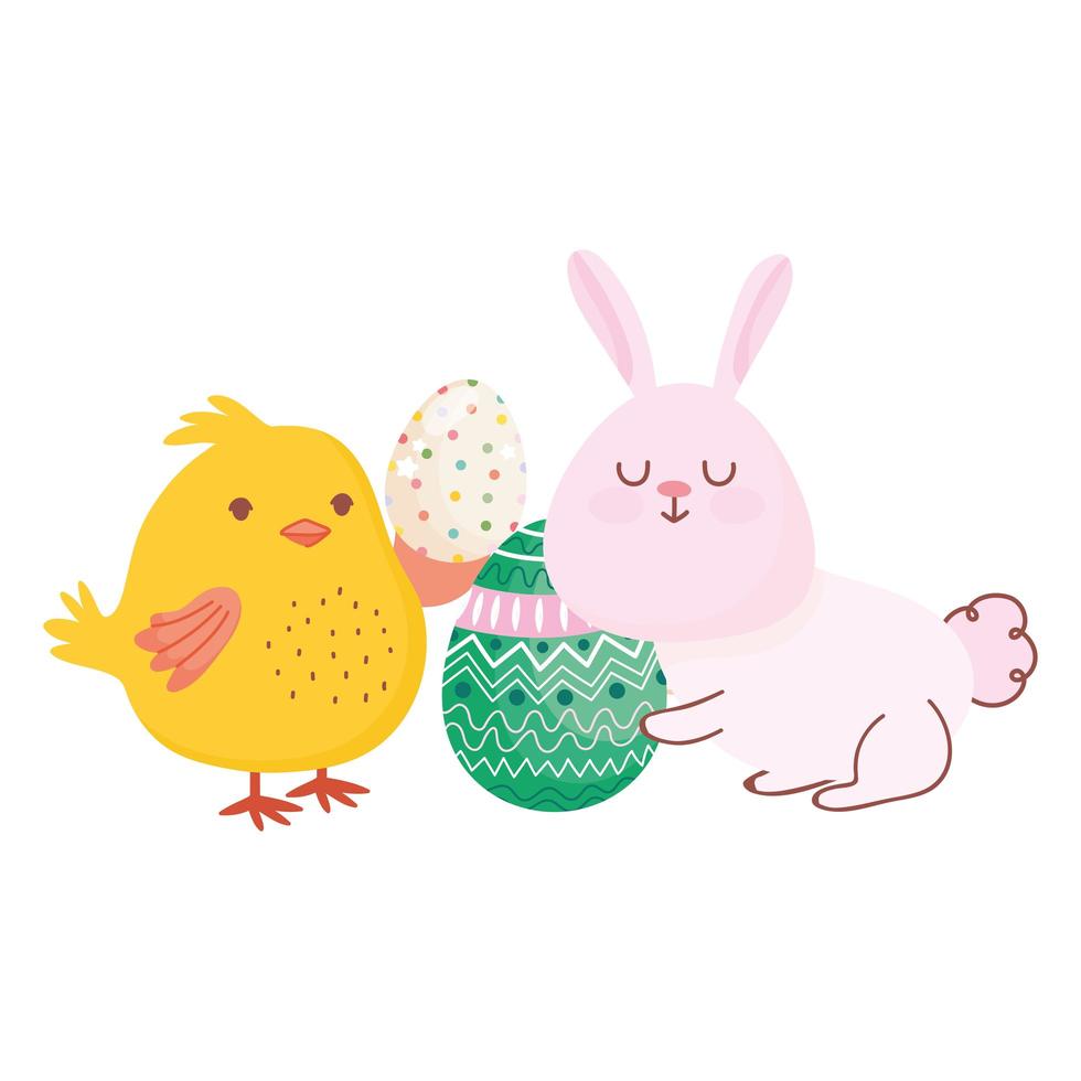 glad påskkanin och kyckling med ägg firande säsong vektor