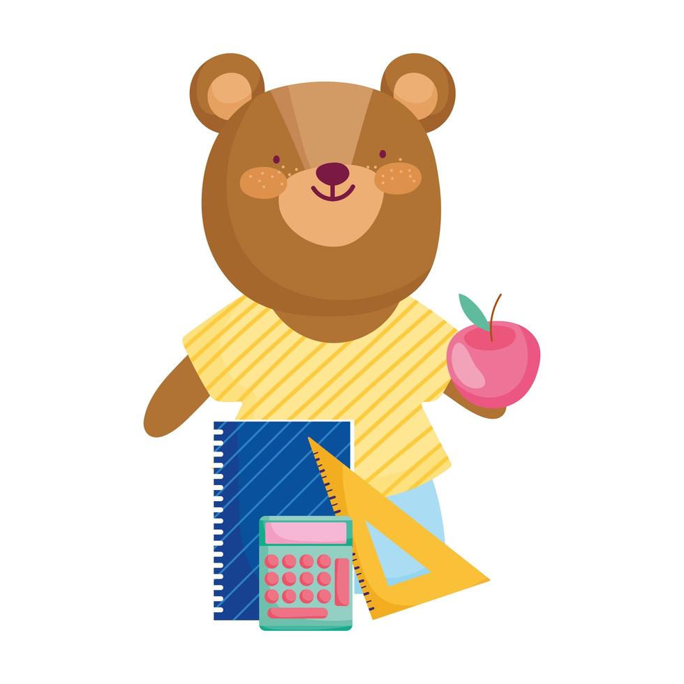 tillbaka till skolan, söt björn med miniräknare och anteckningsblock vektor