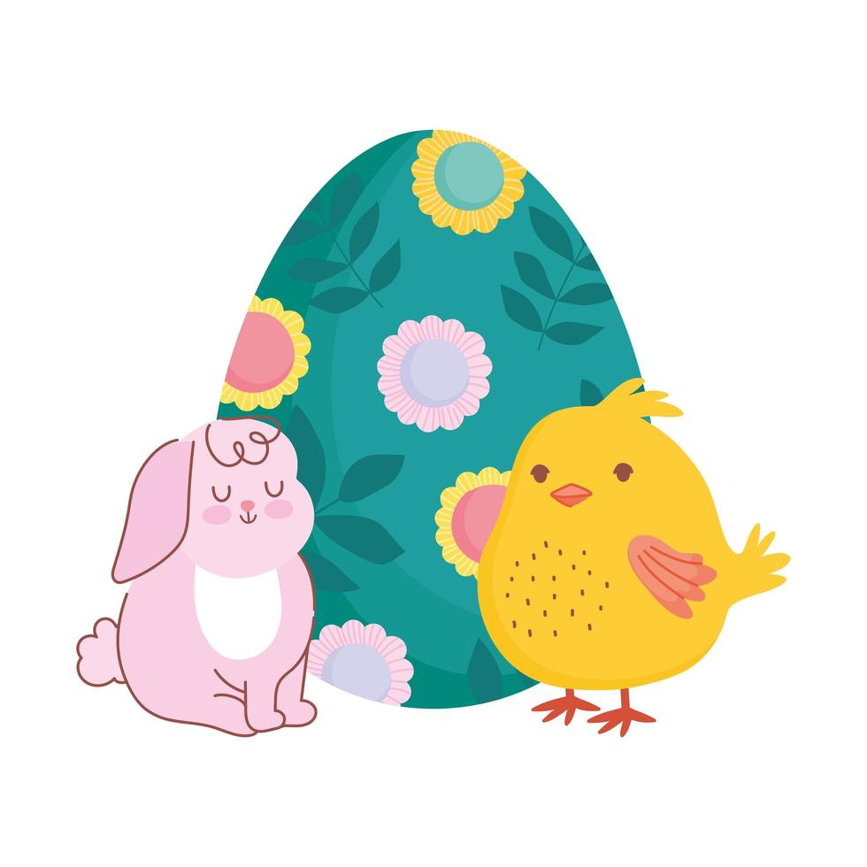 glad påsk söt kanin och kyckling med målade ägg dekoration med blommor vektor