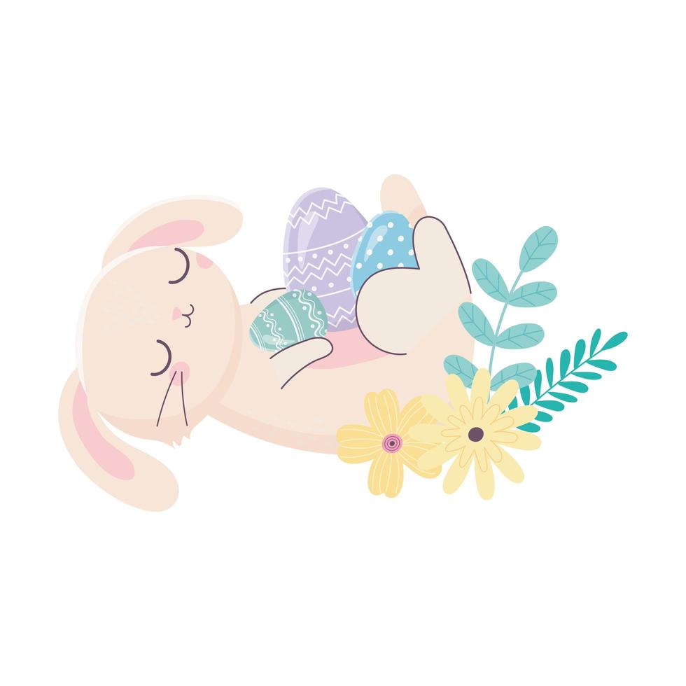 glad påskdag, kanin vilar med ägg blommor lövverk tecknad vektor