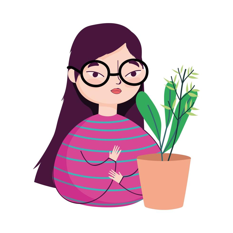 junge Frau mit Gläsern und Topfpflanzendekoration vektor