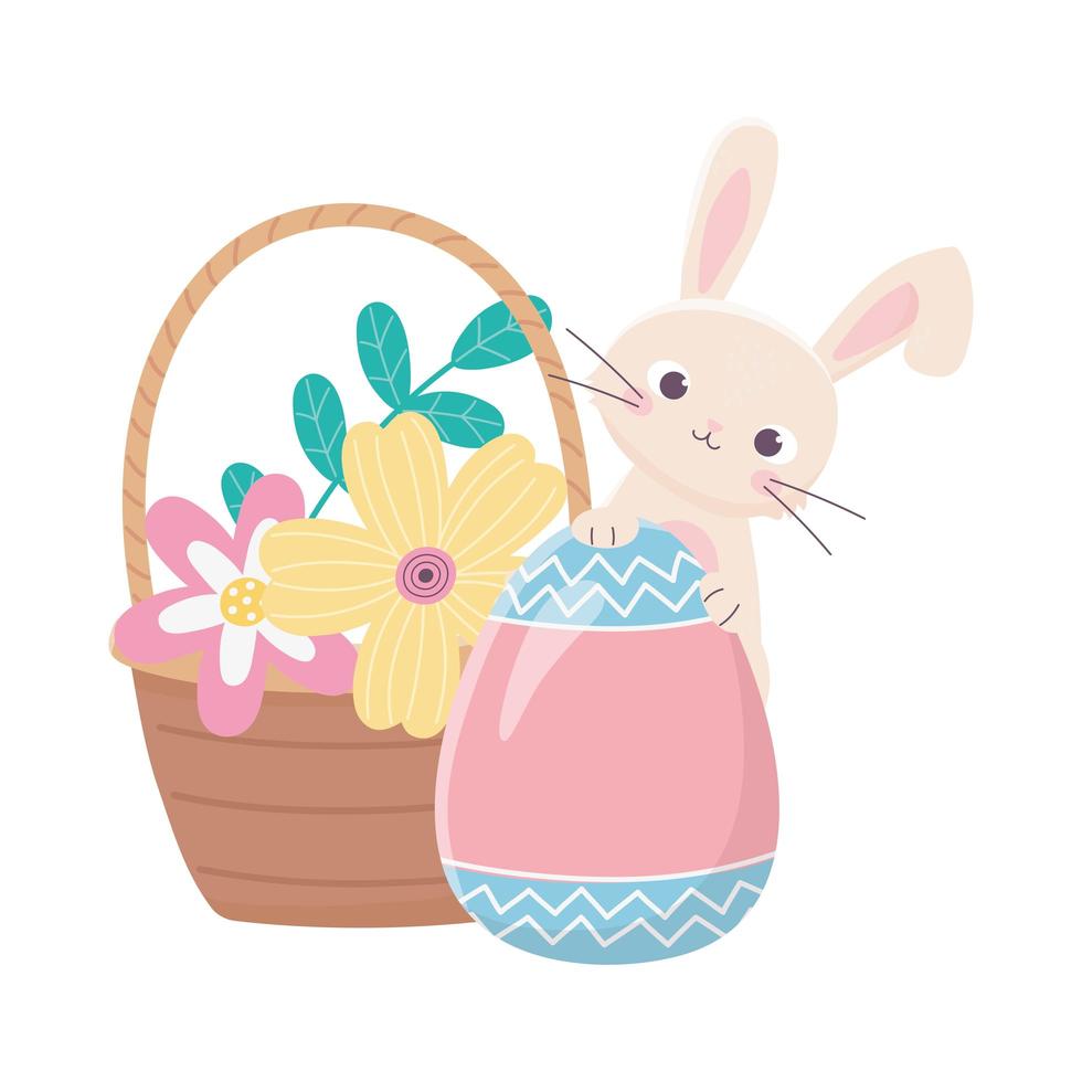 Glücklicher Ostertag, Kaninchen mit gemalten Eiblumen in Korbdekoration vektor