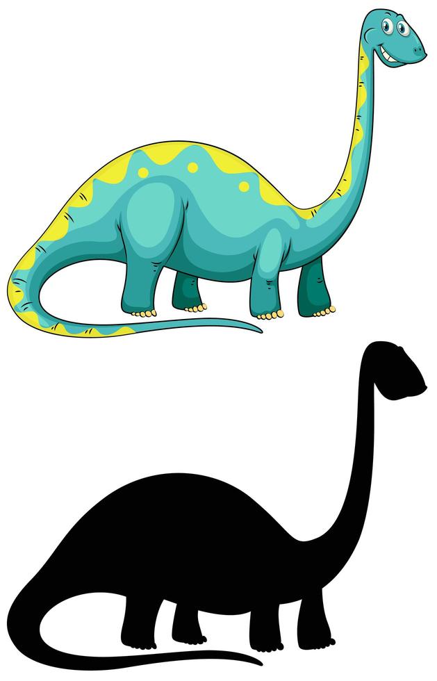 uppsättning dinosaurie seriefigur och dess silhuett på vit bakgrund vektor