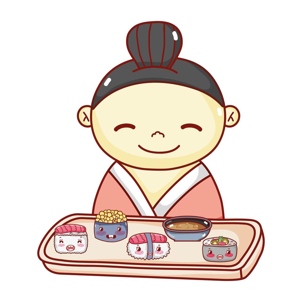 geisha med bricka sushi soppa ris mat japansk tecknad film, sushi och rullar vektor