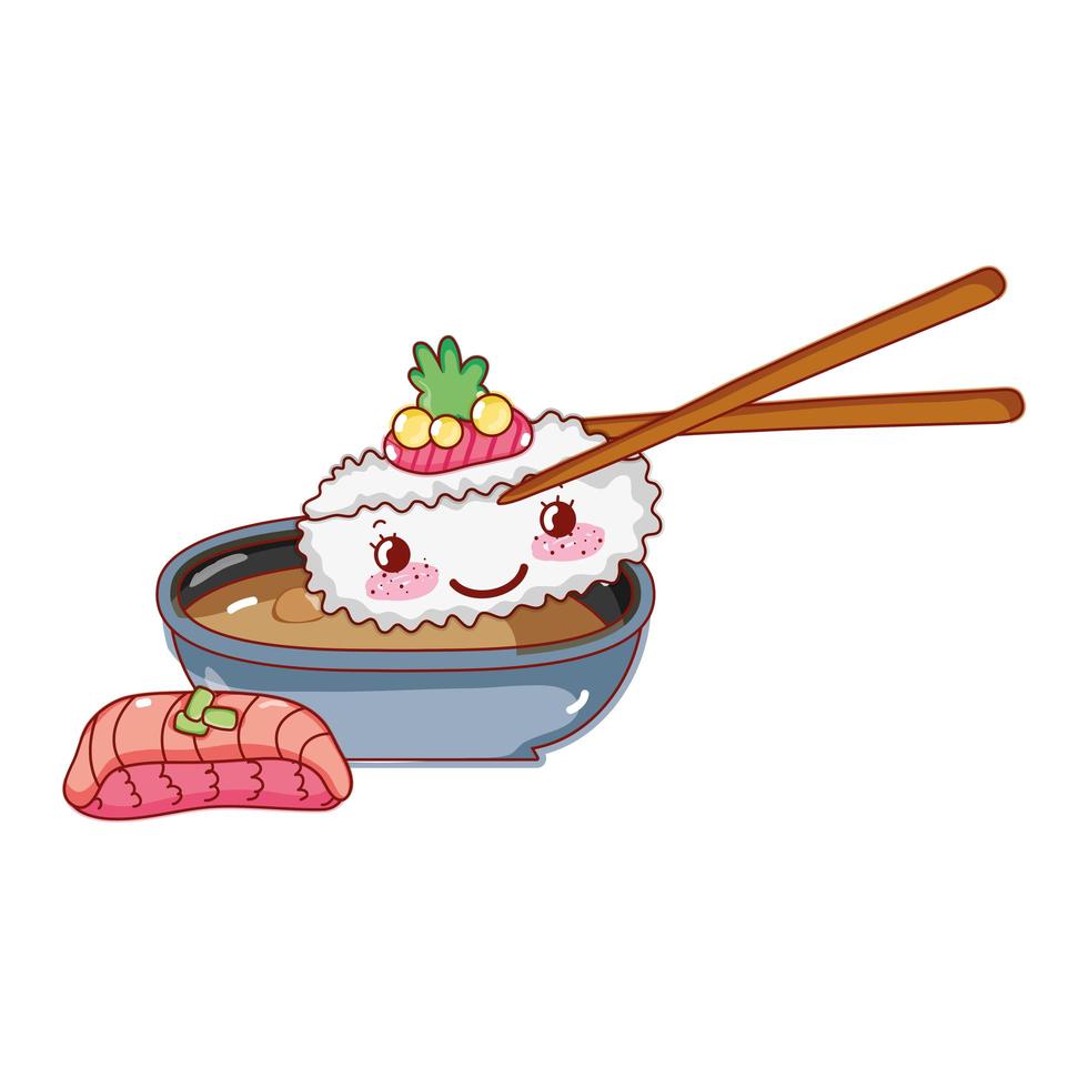 Kawaii Knödel in Sticks Sauce Tempura Wasabi Essen japanischen Cartoon, Sushi und Brötchen vektor