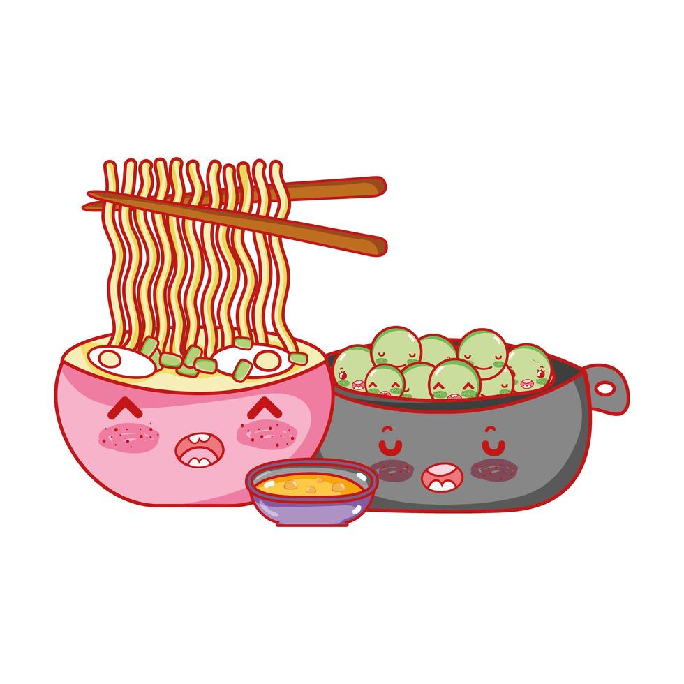 kawaii ramen nudeln erbsen und essen japanischer cartoon, sushi und brötchen vektor