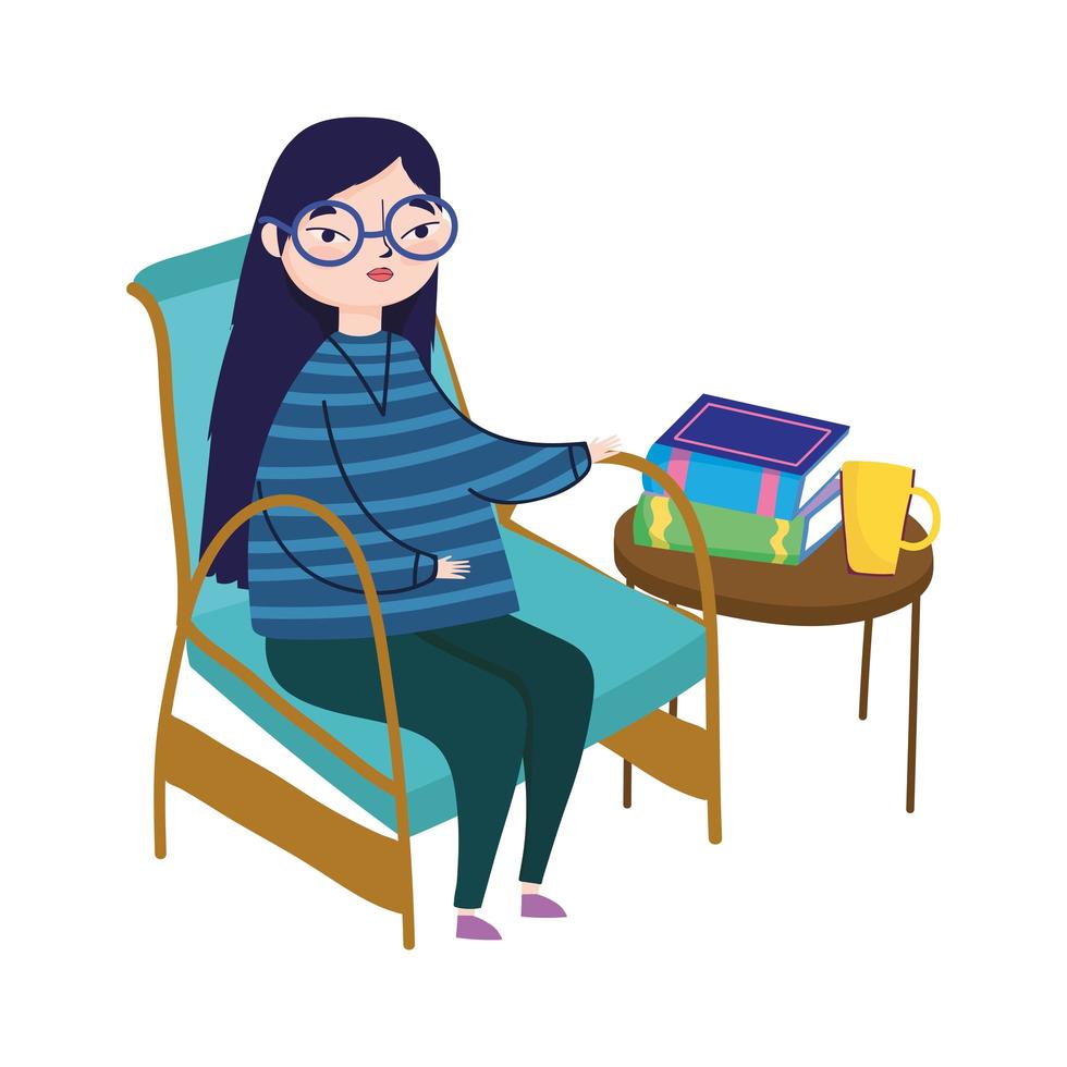 ung kvinna som sitter i stol och bord med böcker kaffekopp, bokdag vektor