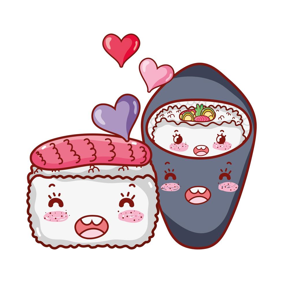 kawaii sushi und temaki food japanischer cartoon, sushi und brötchen vektor