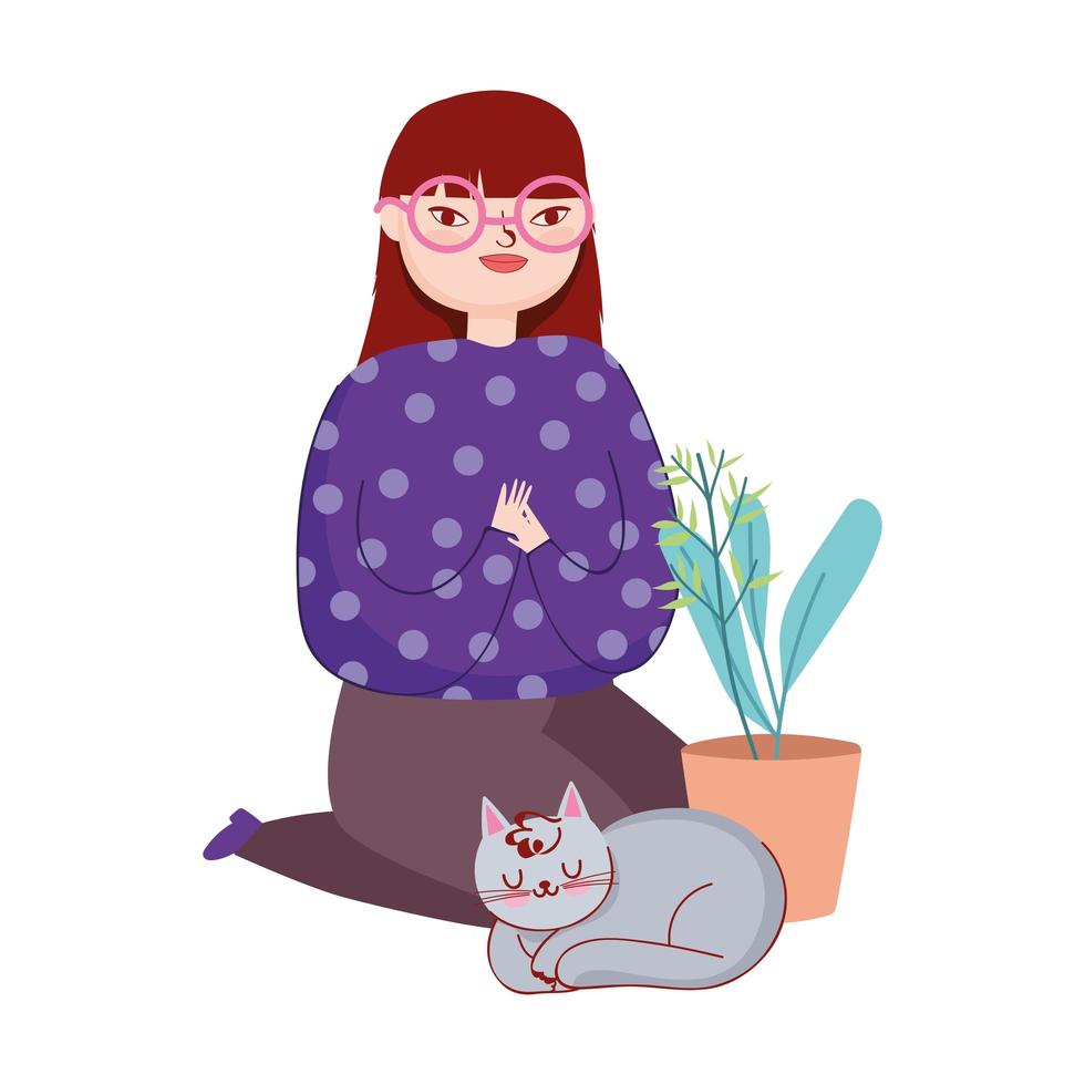 junge Frau mit Katze und Topfpflanze vektor