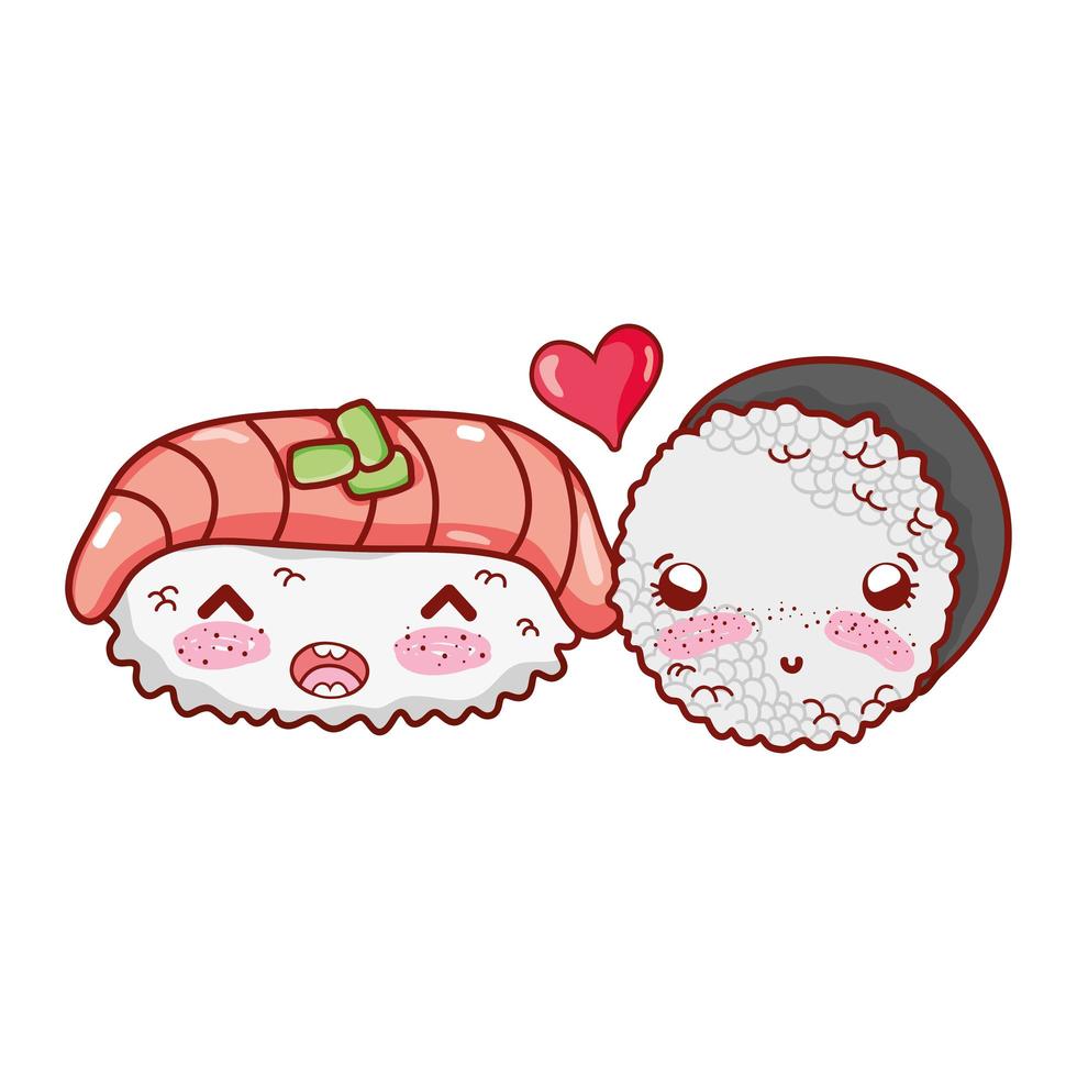 kawaii Sushi Fisch und Roll Reis lieben Essen japanische Cartoon, Sushi und Brötchen vektor