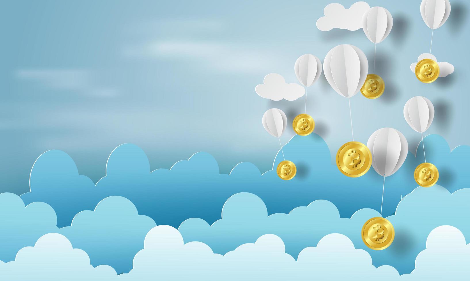 Papierkunst von Luftballons als Wolken auf blauem Himmel Banner mit Bitcoins vektor