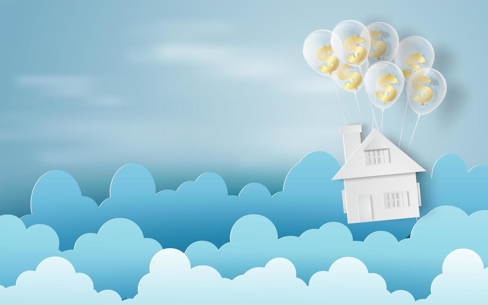 papperskonst av ballonger som moln på blå himmel banner med hus vektor