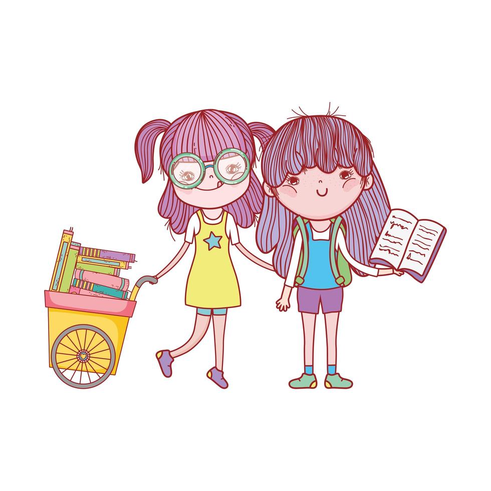 söt flicka med glasögon vagn med böcker och flicka med öppen bok vektor