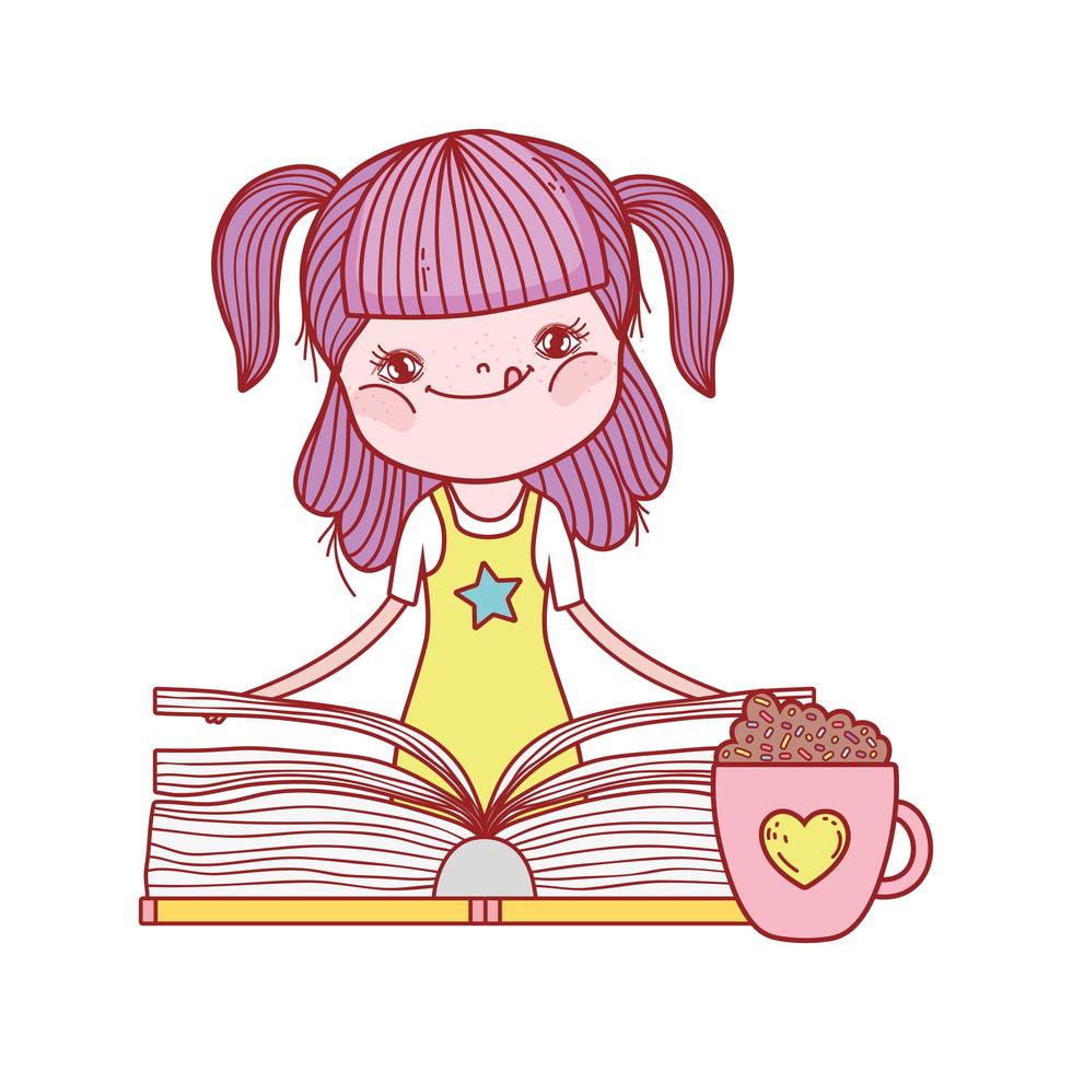 kleines Mädchen, das Buch und Schokoladenbecher lokalisiertes Design hält vektor