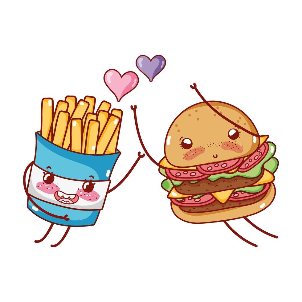 Fast Food niedlichen Burger und Pommes Frites lieben Herzen Cartoon vektor