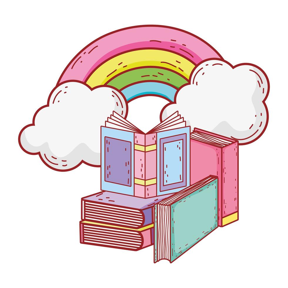 offenes Buch in gestapelten Büchern Regenbogen Sonne Cartoon vektor