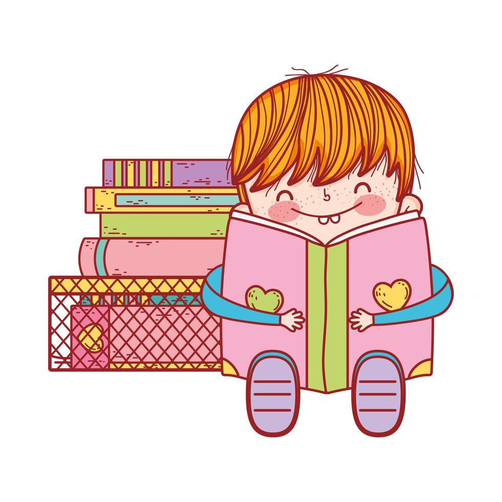 söt liten pojke som sitter med öppen bok och staplade böcker vektor