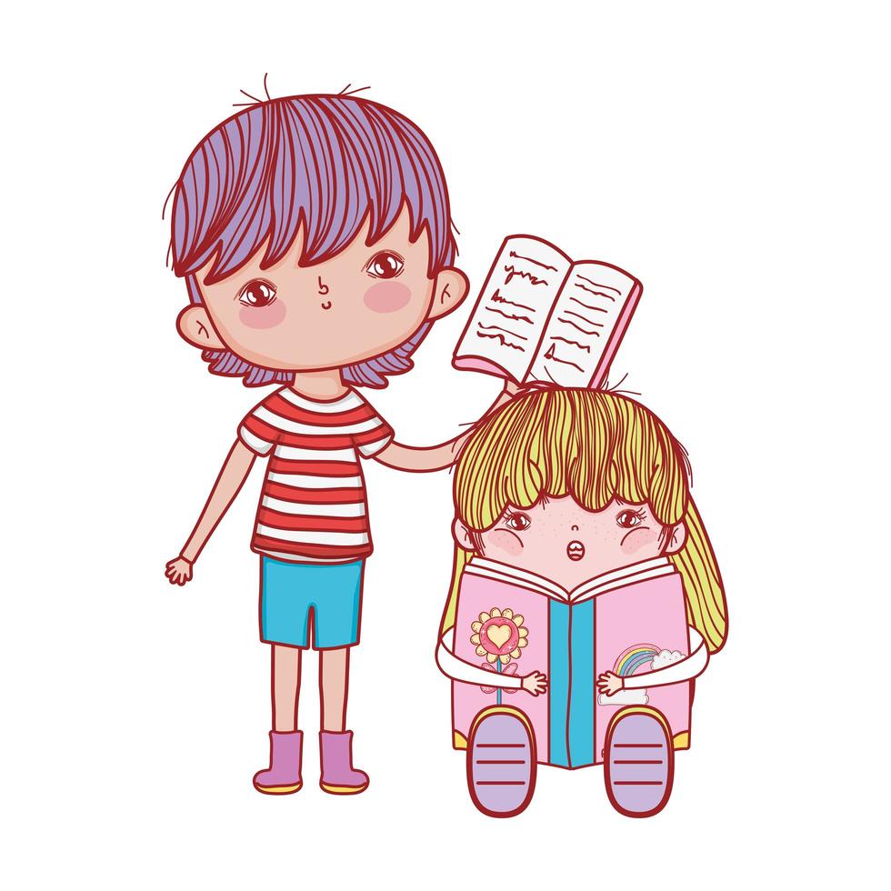 pojke med öppen bok och flickasammanträde som läser fantasibok vektor