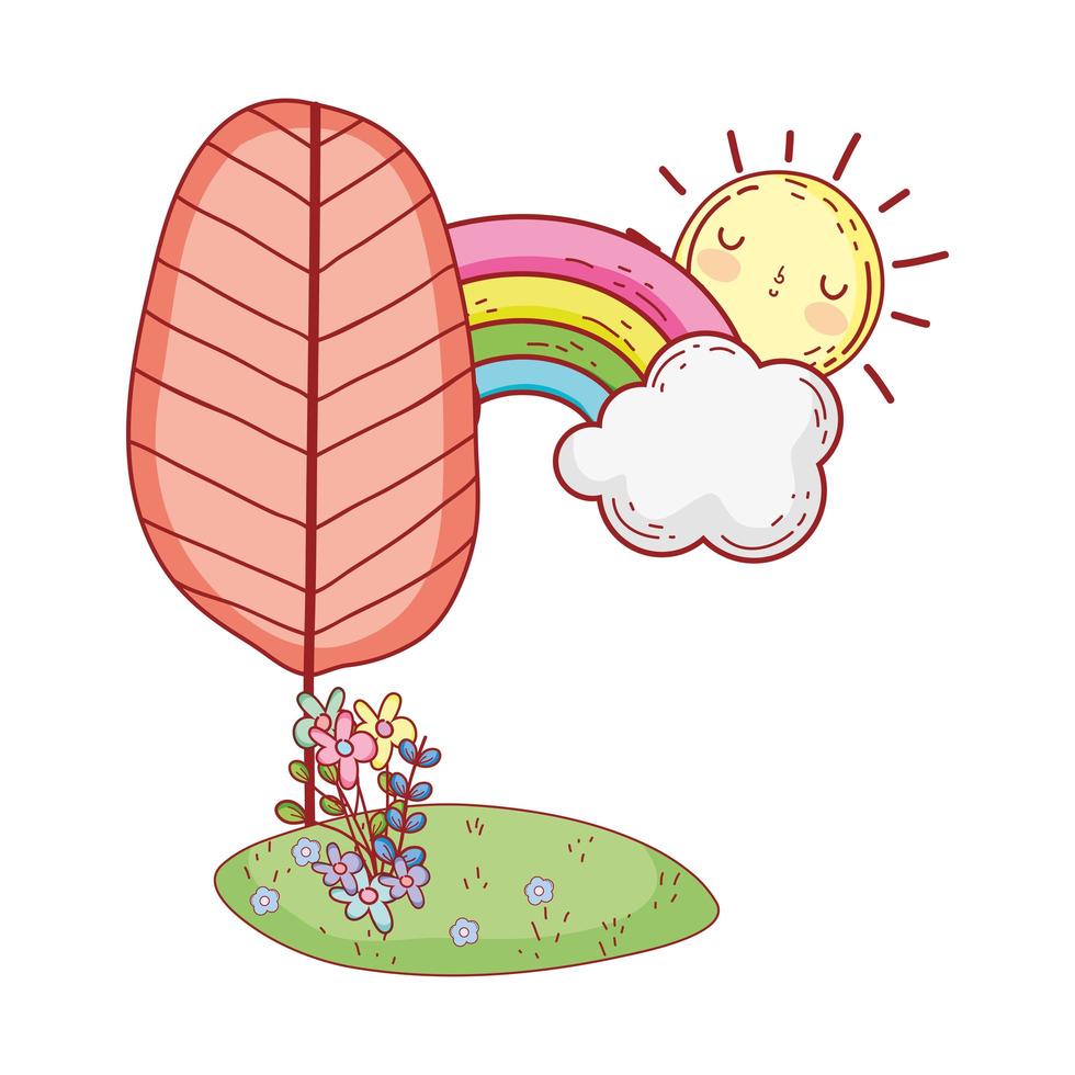 Landschaftsbaum Regenbogen Blumen Sonne Laub Gras Cartoon isoliert Icon Design vektor