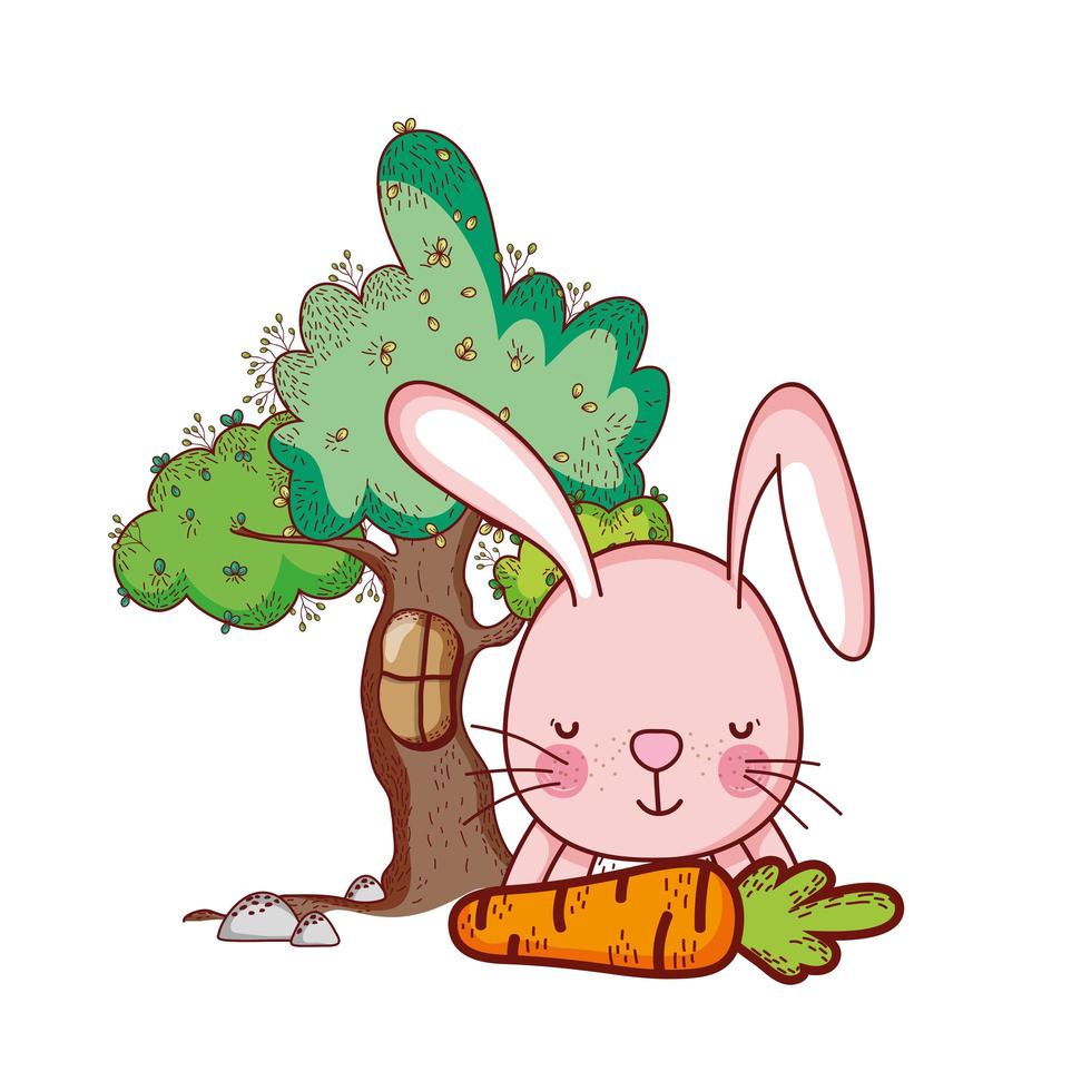 söta djur, rosa kanin med morot träd gräs tecknad vektor