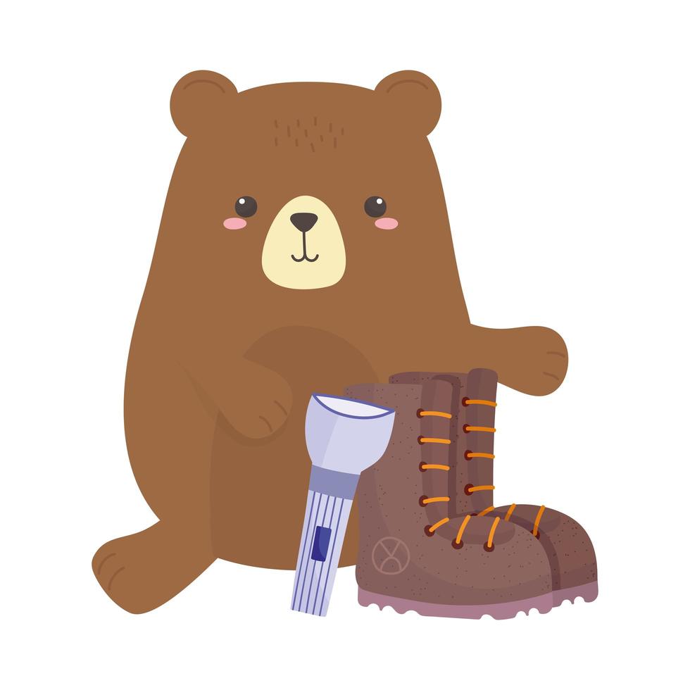 Camping Bär Stiefel und Laterne Natur Cartoon isoliert Icon Design vektor