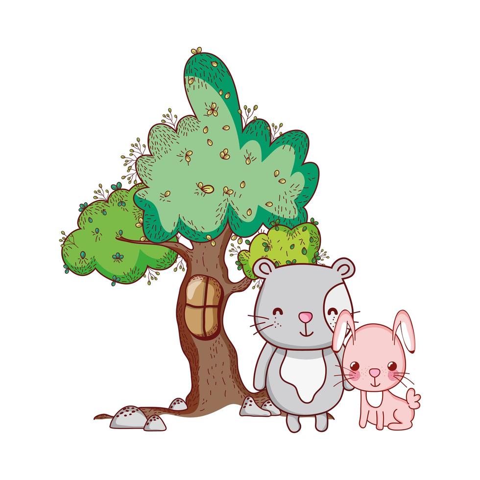 söta djur, rosa kanin med katt träd natur tecknad vektor