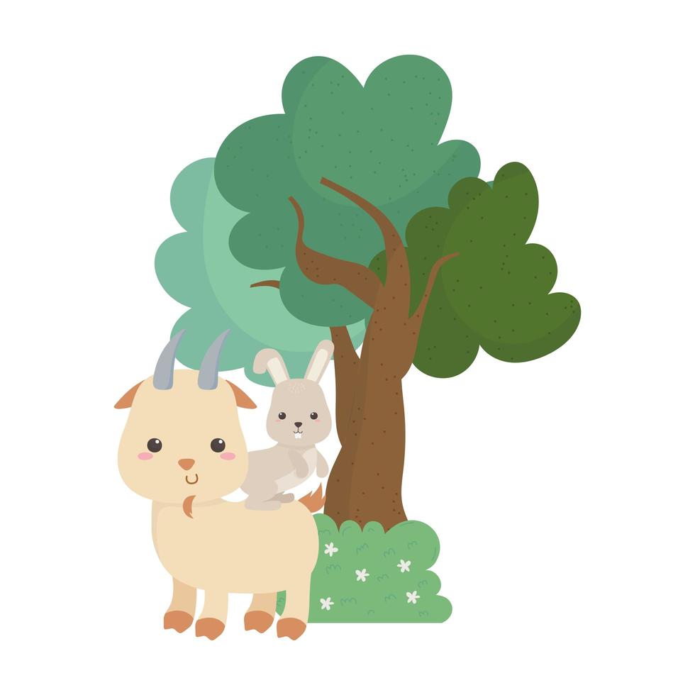 Camping niedliche Ziege und Kaninchen Buschbaum Blumen isoliert Icon Design vektor