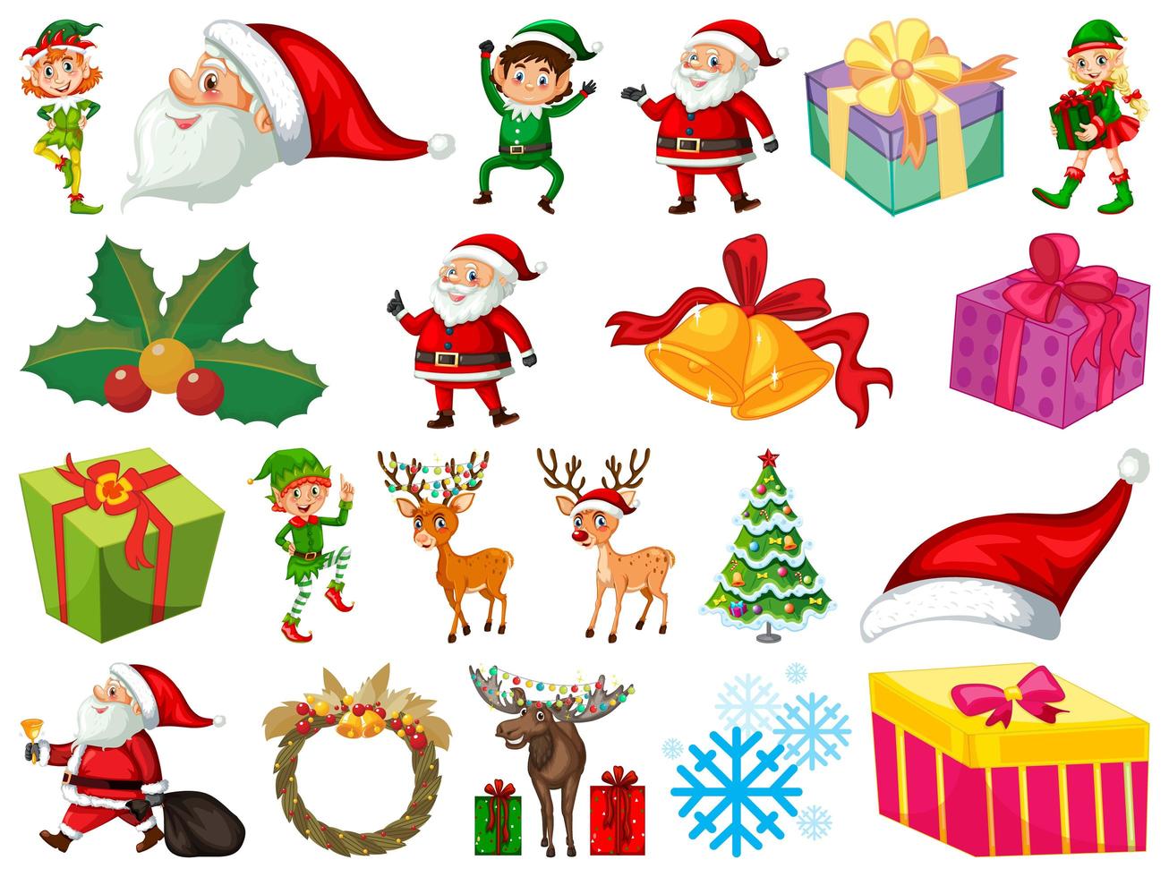 Satz Weihnachtsmann-Zeichentrickfigur und Weihnachtsobjekte lokalisiert auf weißem Hintergrund vektor