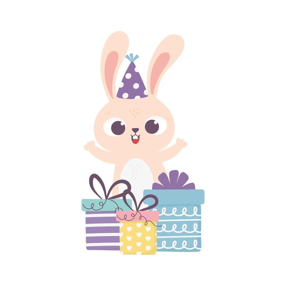 glad dag, kanin med festhatt och presentaskar överraskning vektor