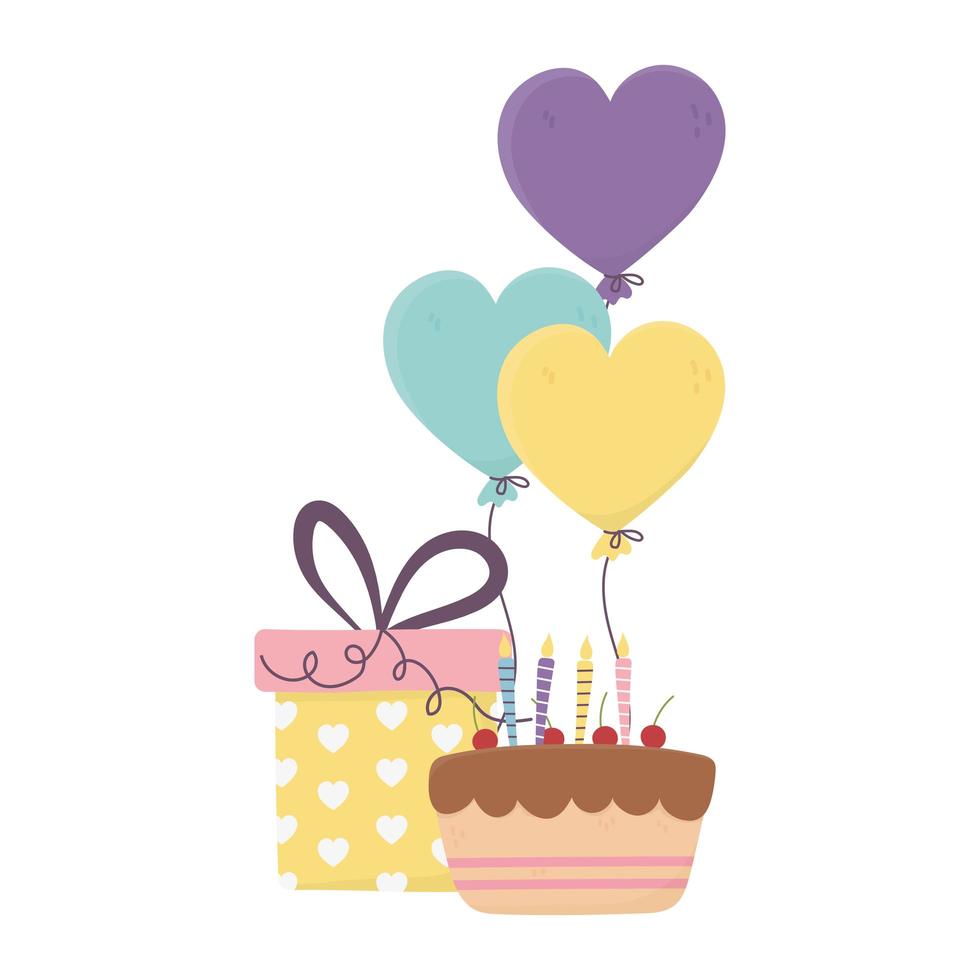 Glücklicher Tag, Kuchen mit Kerzengeschenk und Luftballons geformte Herzen vektor
