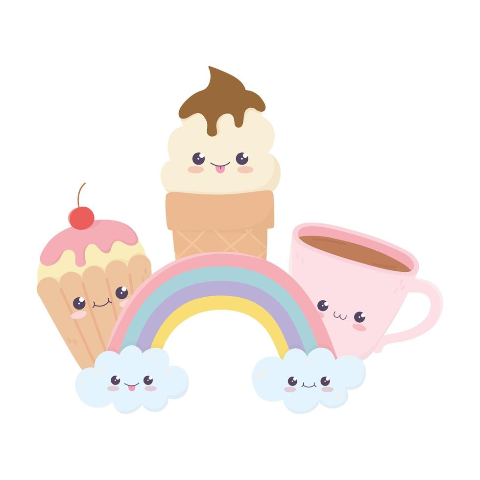 niedliche Cupcake-Eis-Kaffeetasse und Regenbogen kawaii Zeichentrickfigur vektor