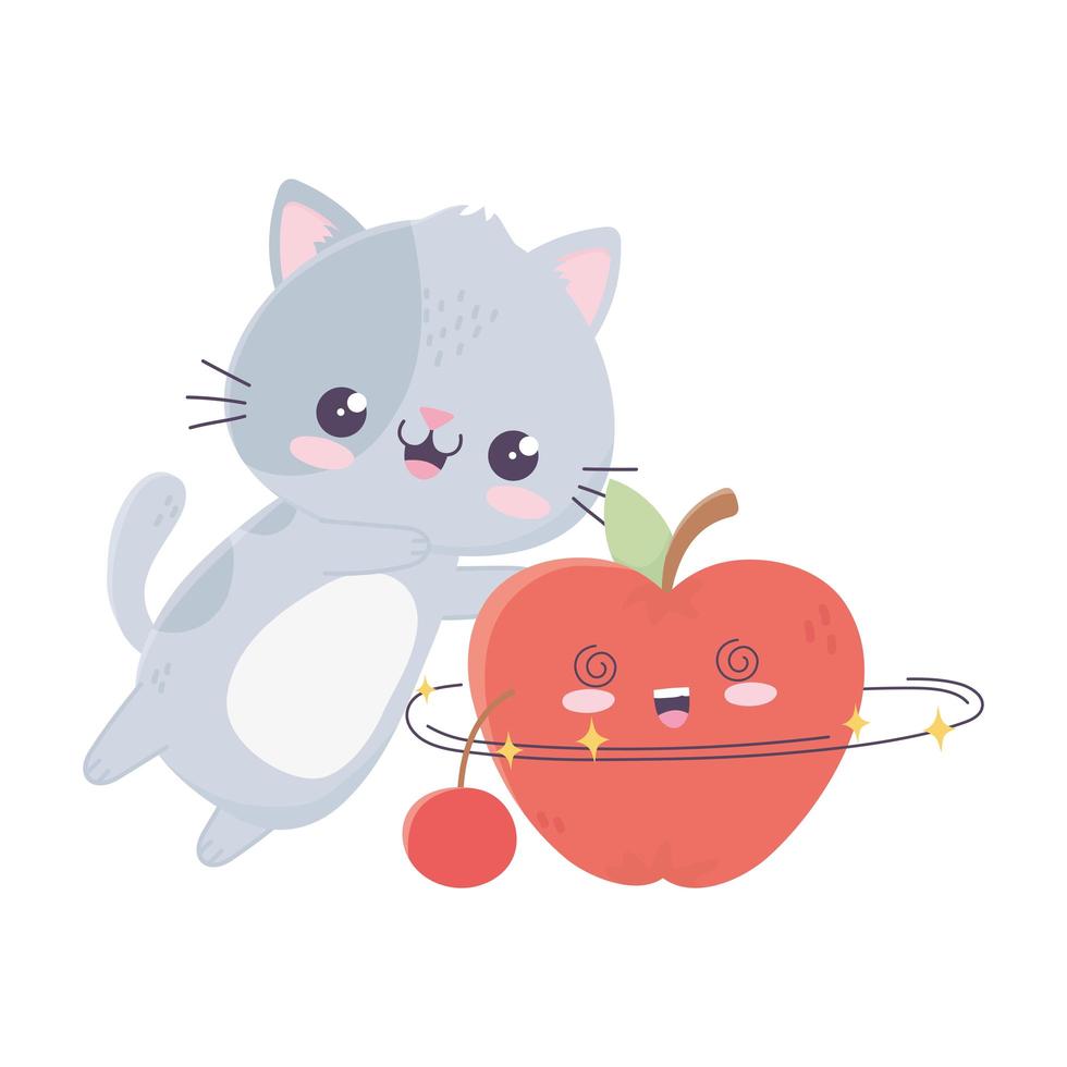 söt liten katt med apple och körsbär kawaii seriefigur vektor