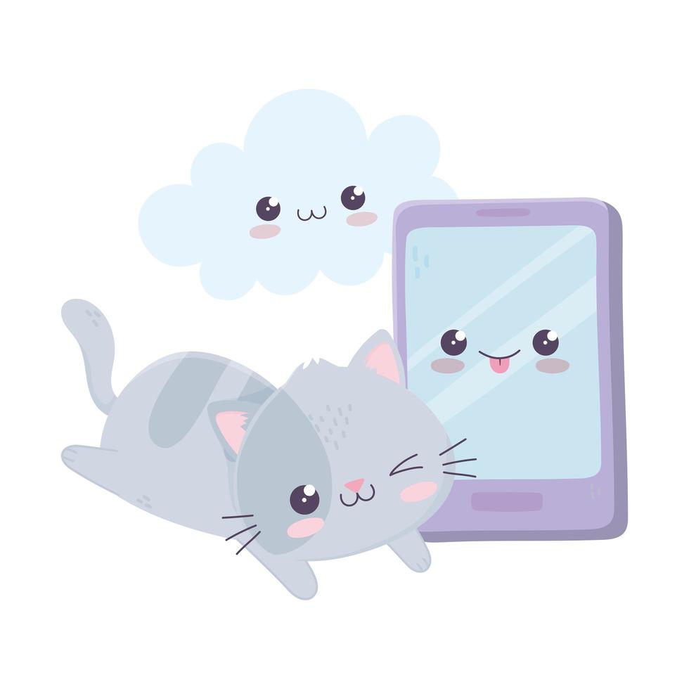 söt liten katt med smartphone moln kawaii seriefigur vektor