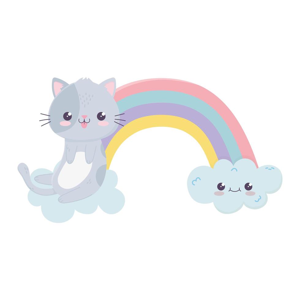 niedliche kleine Katze Regenbogenwolken kawaii Zeichentrickfigur vektor