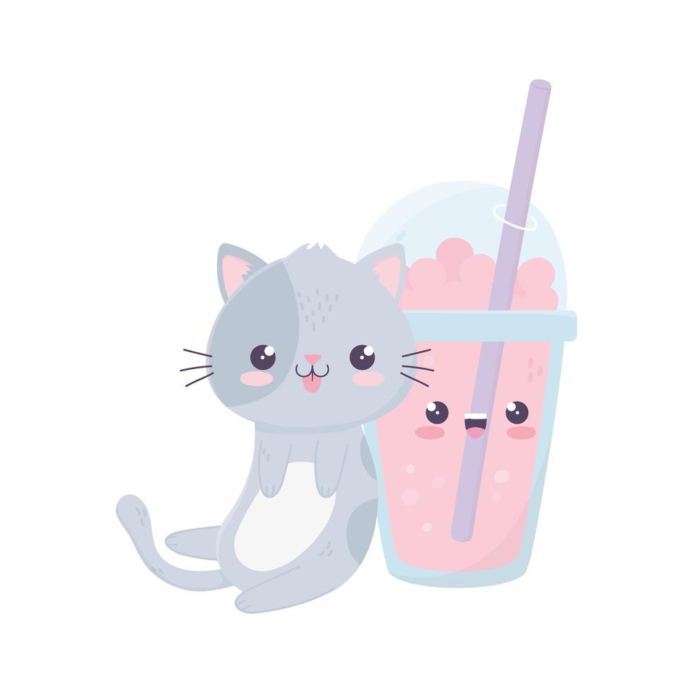 söt katt med milkshake kawaii seriefigur vektor