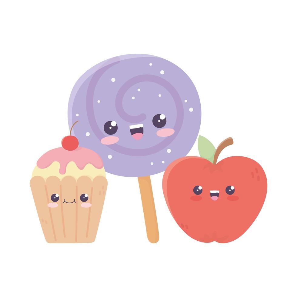 söt äpple godis i stick och cupcake kawaii seriefigur vektor