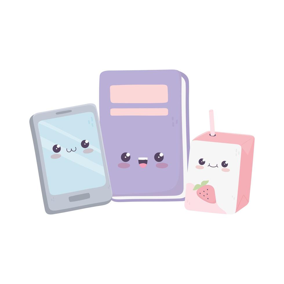 söt smartphone bok och låda juice kawaii seriefigur vektor