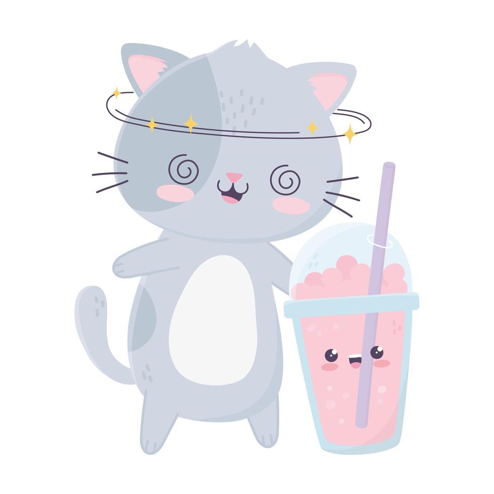 söt galen katt med milkshake mellanmål kawaii seriefigur vektor