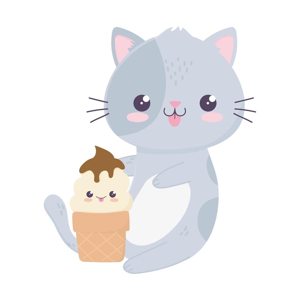 söt liten katt med glass kawaii seriefigur vektor
