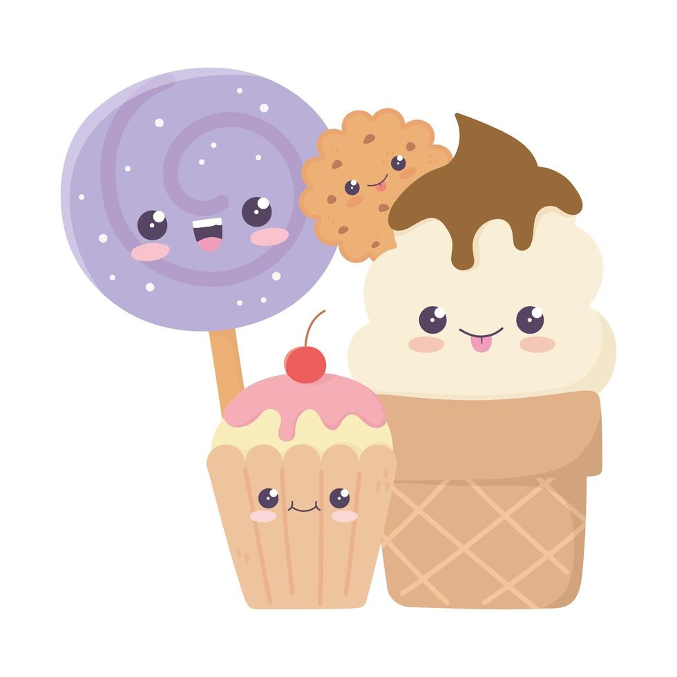 söt cupcake glasskaka och godis i kawaii tecknad karaktär vektor