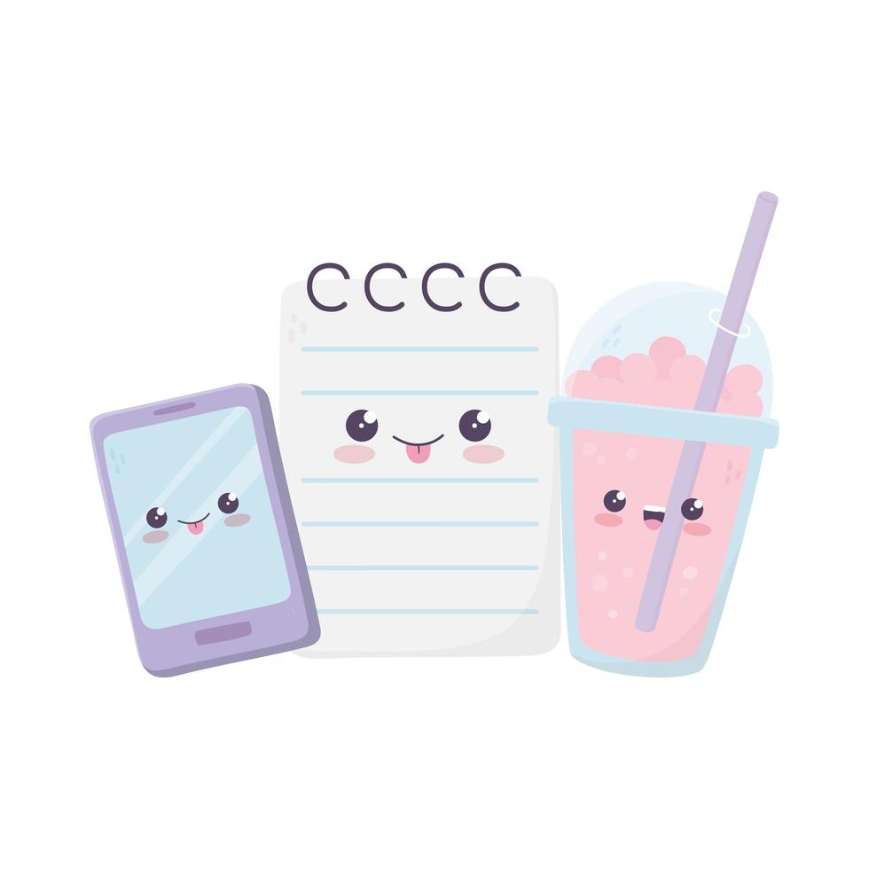 niedlicher Smartphone-Milchshake und Notizblock kawaii Zeichentrickfigur vektor