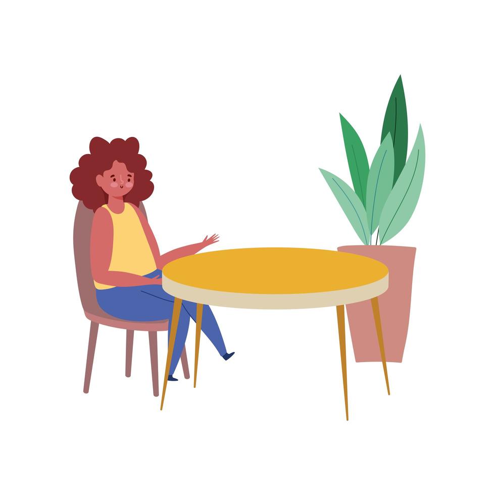 kvinna sitter vid bord, restaurang hålla avstånd, isolerad design vektor