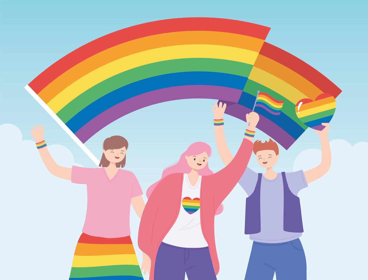 Menschen, die lgbtq-Flaggen halten, unterstützen die Gemeinschaft, Protest gegen sexuelle Diskriminierung bei Schwulenparaden vektor
