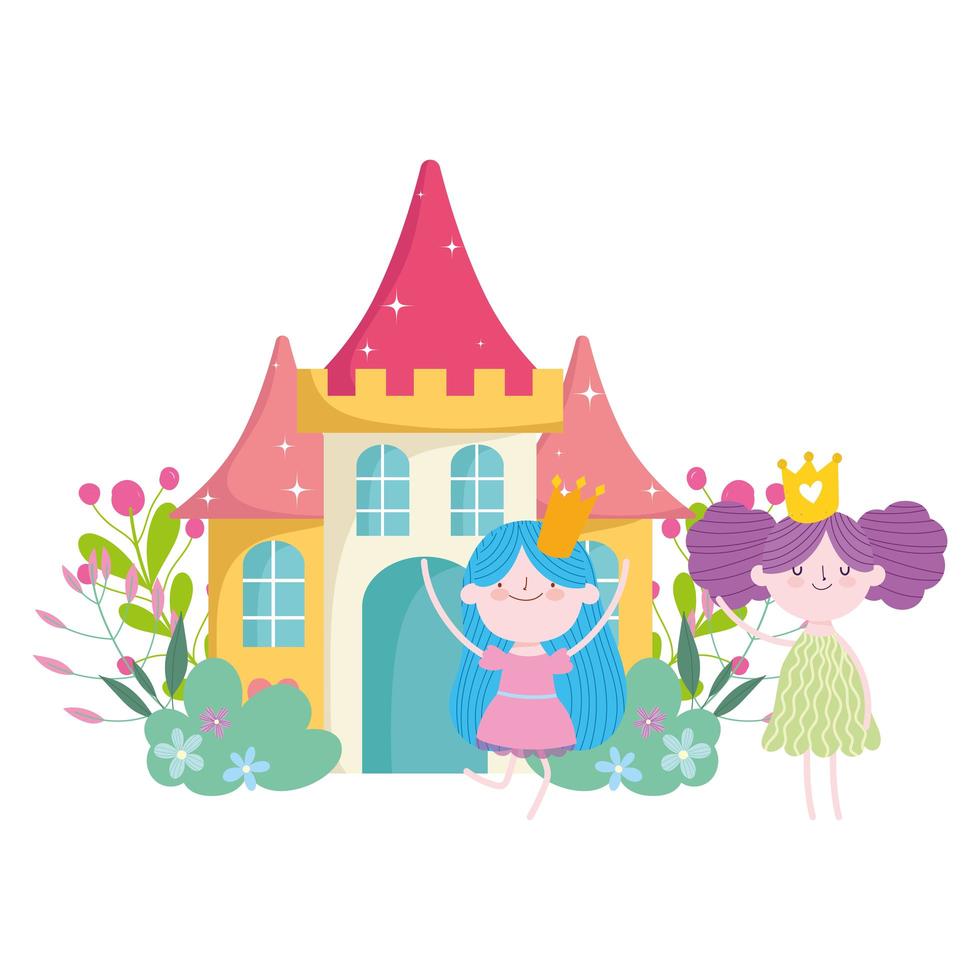 söta små älvor prinsessa berättelse tecknad slott blommor vektor