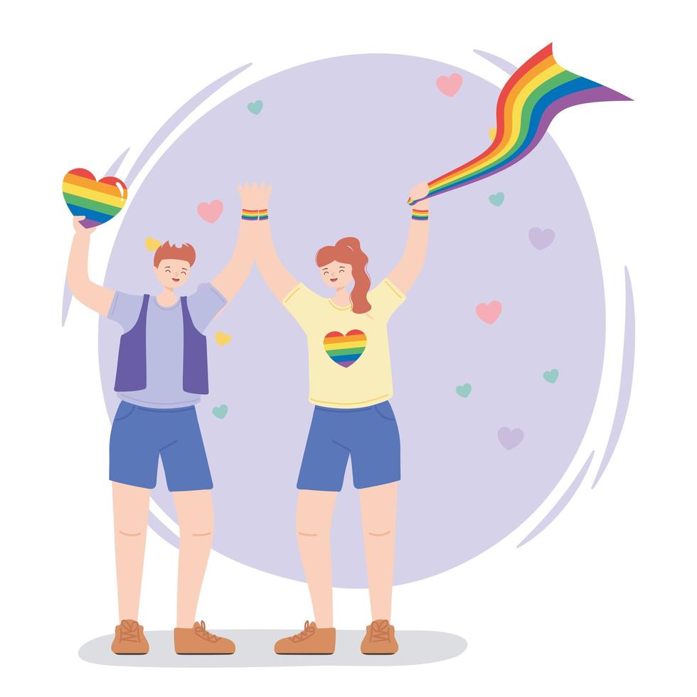 lgbtq Gemeinschaft, glücklicher Mann und Frau mit Regenbogenfahnen, Homosexuell Parade sexuelle Diskriminierung Protest vektor